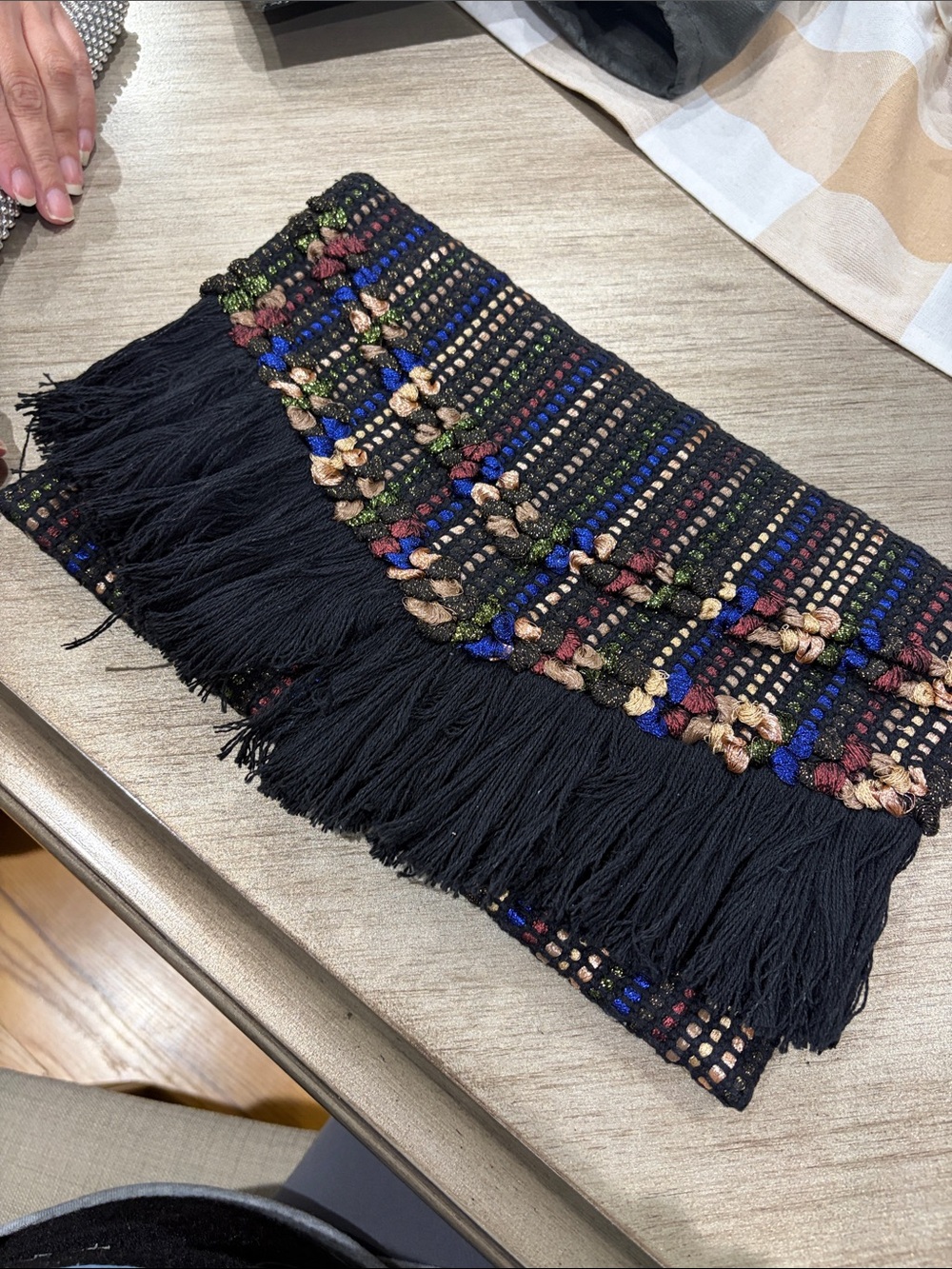 Stella & Dot Black Fringe Clutch with Multicolor Embroidery